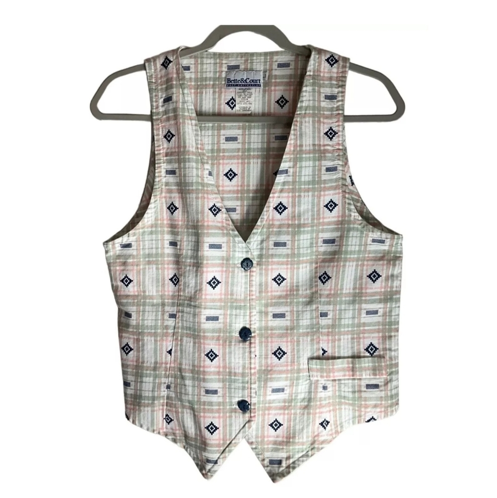 VTG Bette & Court Women Small Vest Plaid 90's Pastels Western Easter